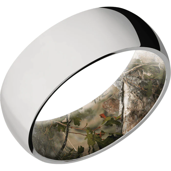 8mm wide Domed Titanium Ring with Polish Finish / Kings Mountain Camo Sleeve