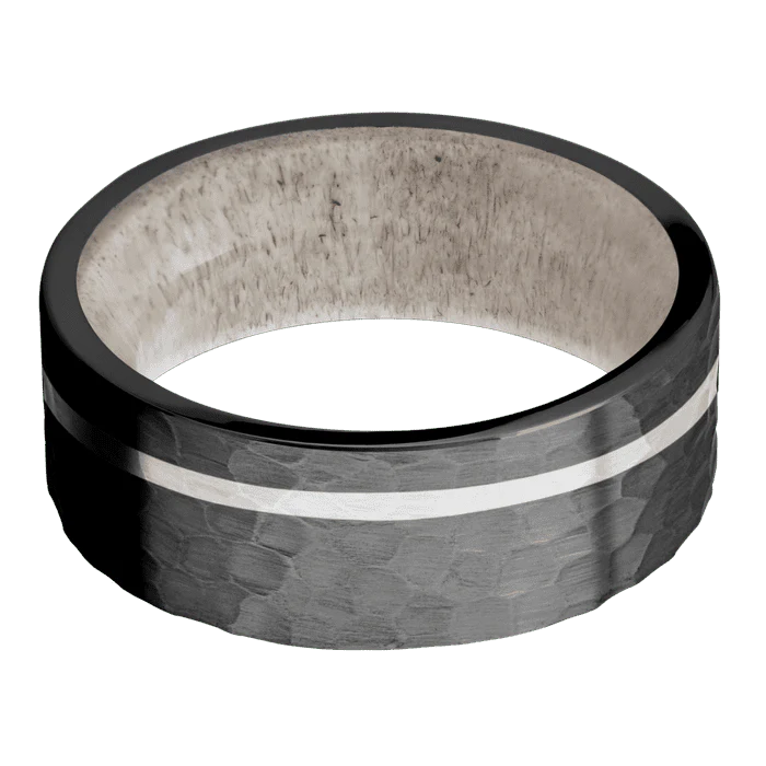 8mm wide Flat Black Titanium Ring with Hammer Finish / One 1mm Off Center Palladium Silver Inlay with Hammer Finish / Antler Sleeve - Image 3