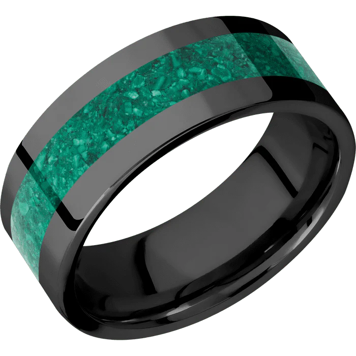 8mm wide Flat Black Titanium Ring with Polish Finish / One 4mm Centered Malachite Inlay