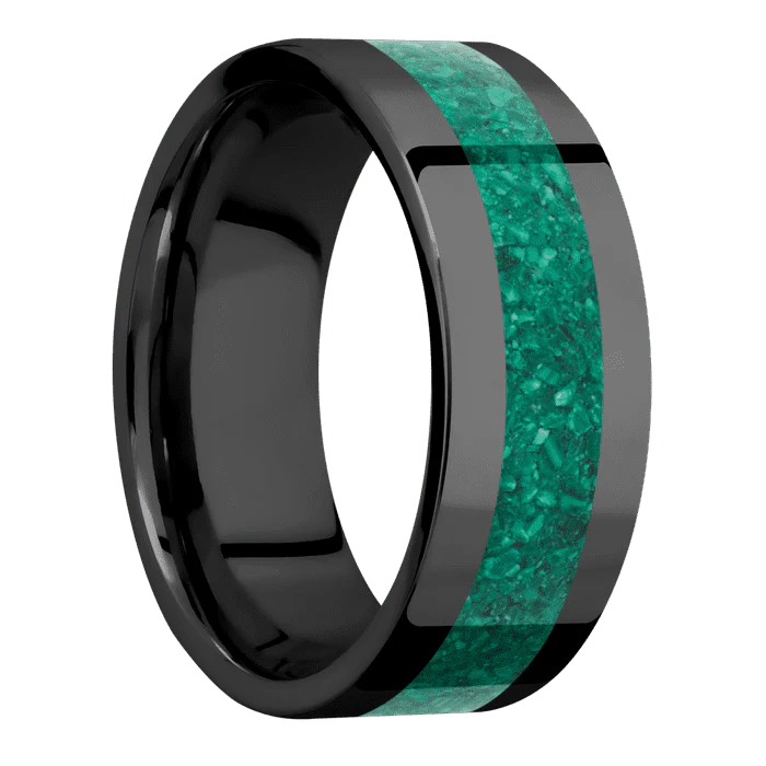 8mm wide Flat Black Titanium Ring with Polish Finish / One 4mm Centered Malachite Inlay - Image 2
