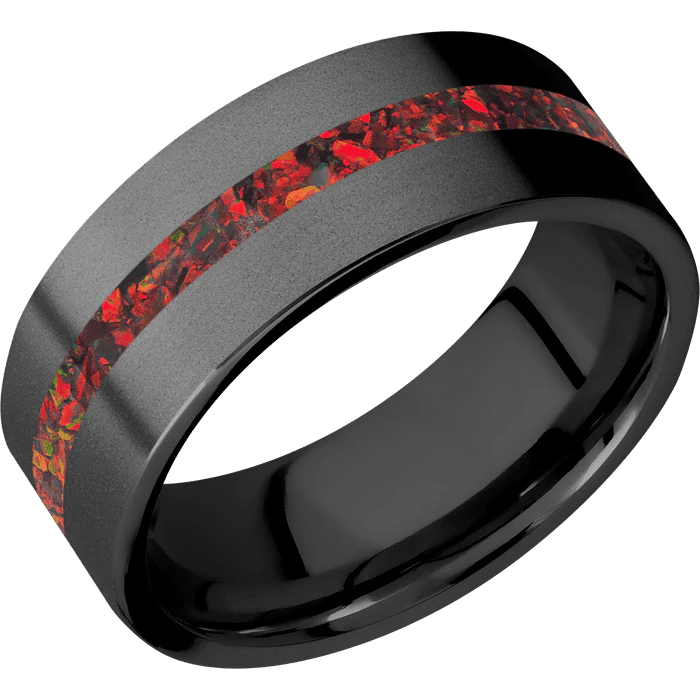 8mm wide Flat Black Zirconium Ring with Bead Blast Finish / One 2mm Centered Ruby Red Opal Inlay