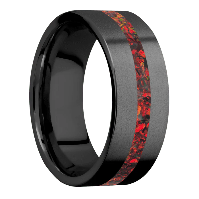 8mm wide Flat Black Zirconium Ring with Bead Blast Finish / One 2mm Centered Ruby Red Opal Inlay - Image 2