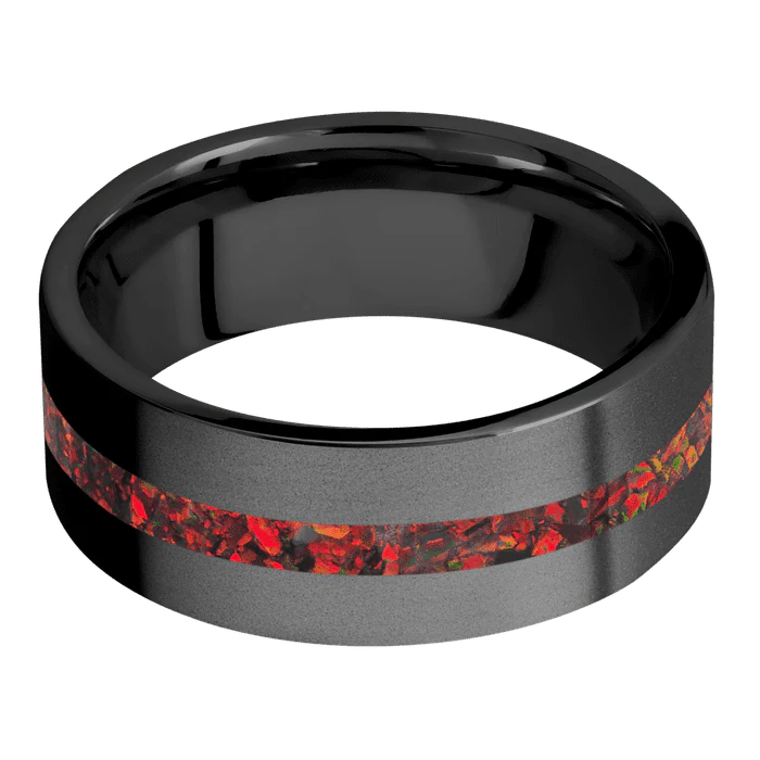8mm wide Flat Black Zirconium Ring with Bead Blast Finish / One 2mm Centered Ruby Red Opal Inlay - Image 3