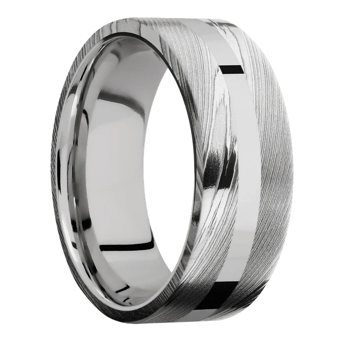 8mm wide Flat Damascus Steel Ring with Polish Damascus Finish / One 2mm Centered 14k White Gold Inlay with Polish Finish / 14k White Gold Sleeve - Image 2