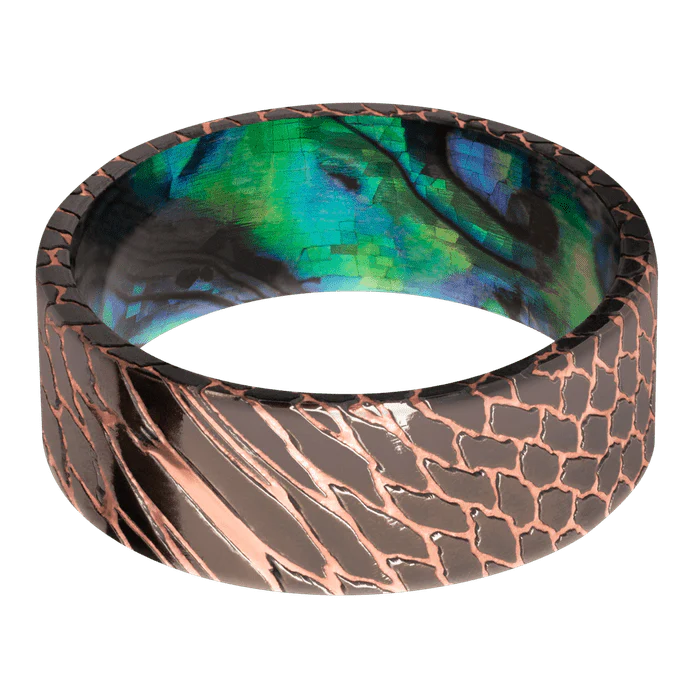 8mm wide Flat Darkened Superconductor Ring with Polish Etched Superconductor Finish / Abalone Sleeve - Image 3
