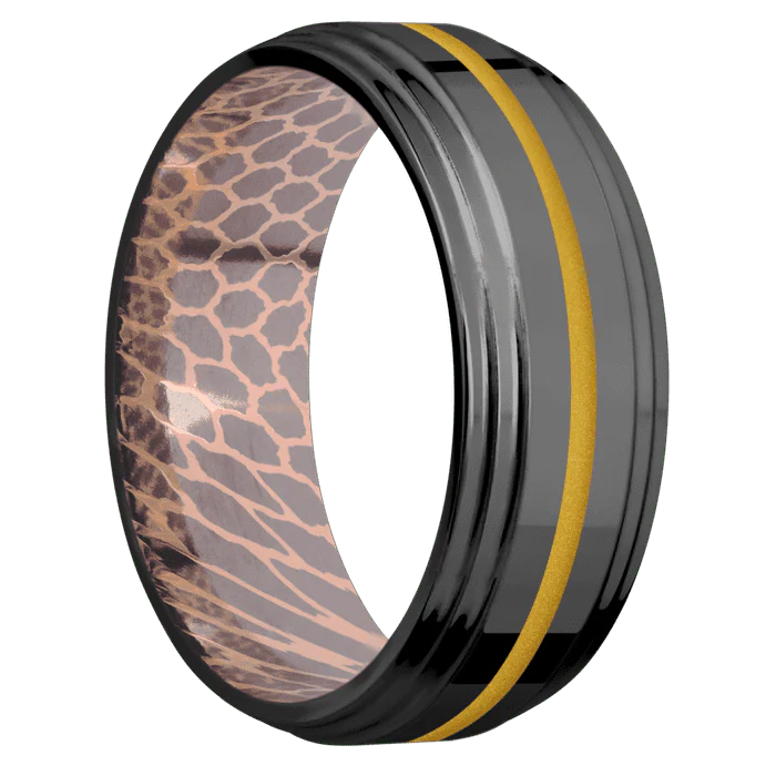 8mm wide Flat Double Stepped Edges Black Titanium Ring with Polish Finish / One 1mm Centered Metallic Yellow Cerakote Inlay / Superconductor Sleeve - Image 2