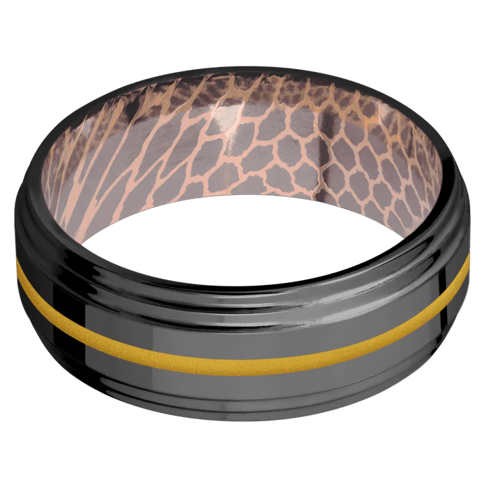 8mm wide Flat Double Stepped Edges Black Titanium Ring with Polish Finish / One 1mm Centered Metallic Yellow Cerakote Inlay / Superconductor Sleeve - Image 3