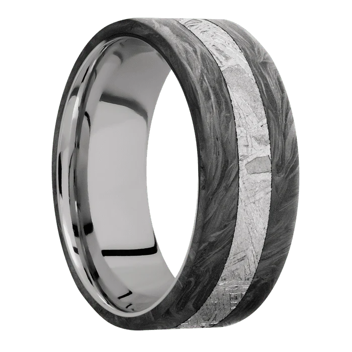 8mm wide Flat Forged Carbon Fiber Ring / One 3mm Centered Meteorite Inlay / Titanium Sleeve - Image 2