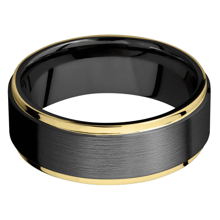 8mm wide Flat Grooved Edges Black Zirconium Ring with Satin Finish / Two 1mm Edge 14k Yellow Gold Inlay with Polish Finish - Image 3
