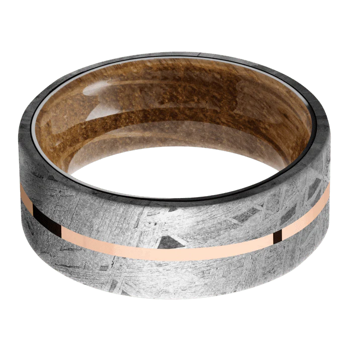8mm wide Flat Meteorite Ring / One 1mm Centered 14k Rose Gold Inlay with Polish Finish / Whiskey Barrel Sleeve - Image 3