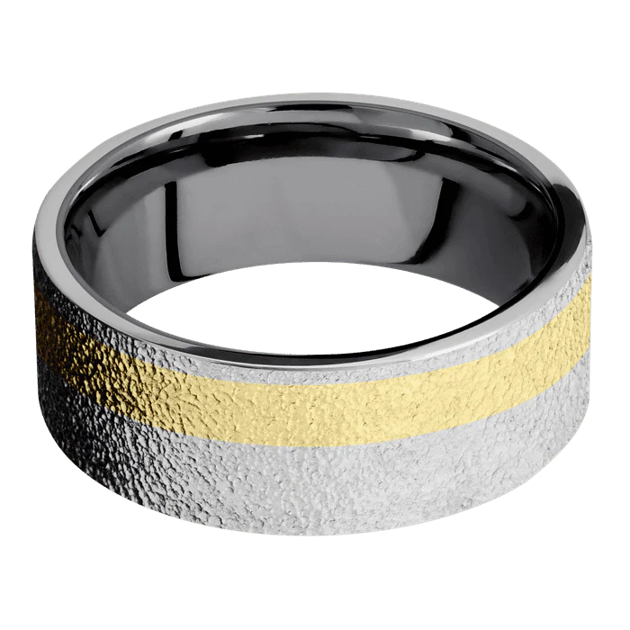 8mm wide Flat Platinum Ring with Stipple Finish / One 3mm Off Center 18k Yellow Gold Inlay / Tantalum Sleeve - Image 3