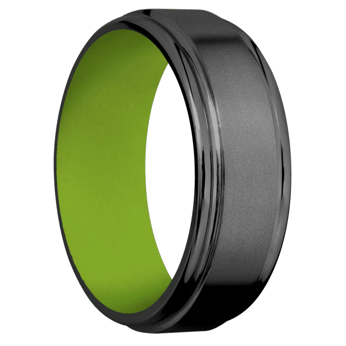 8mm wide Flat Rounded Edges Black Titanium Ring with Bead Blast Finish / Zombie Green Cerakote Sleeve - Image 2