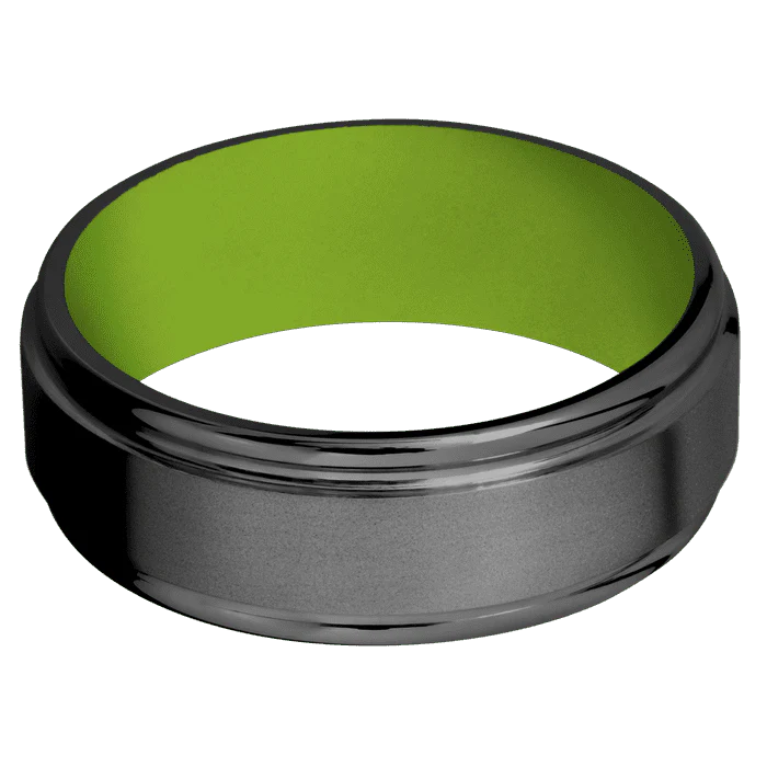 8mm wide Flat Rounded Edges Black Titanium Ring with Bead Blast Finish / Zombie Green Cerakote Sleeve - Image 3