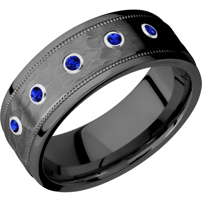 8mm wide Flat Stepped Edges Milgrain Black Zirconium Ring with Hammer Finish / 5 Round .03 carat Sapphire Bezel-Set Gemstones