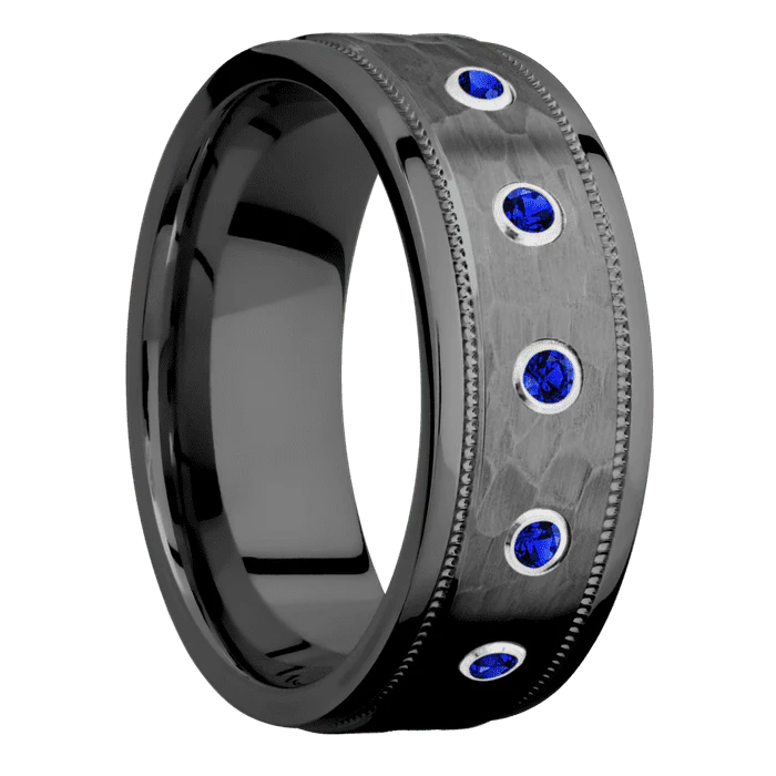 8mm wide Flat Stepped Edges Milgrain Black Zirconium Ring with Hammer Finish / 5 Round .03 carat Sapphire Bezel-Set Gemstones - Image 2
