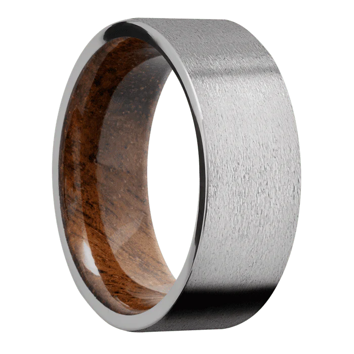 8mm wide Flat Titanium Ring with Stone Finish / Koa Sleeve - Image 2