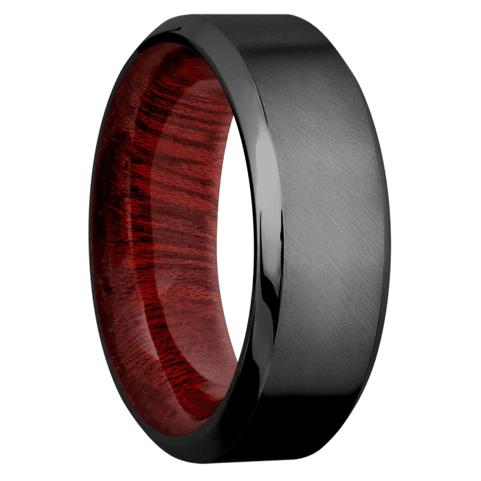 8mm wide High Bevel Black Titanium Ring with Angle Satin Finish / Blood Wood Sleeve - Image 2
