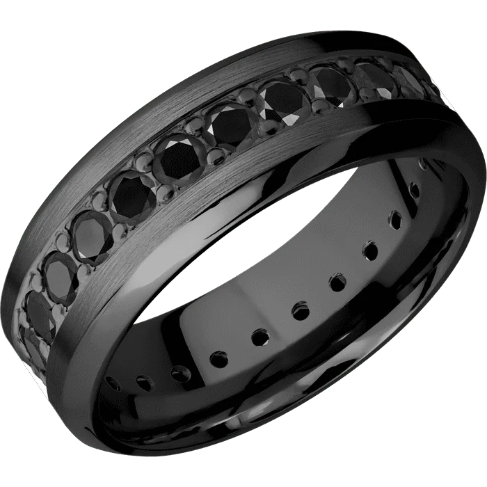 8mm wide High Bevel Black Zirconium Ring with Satin Finish / Eternity Round .07 carat Black Diamond Bead-Set Gemstones
