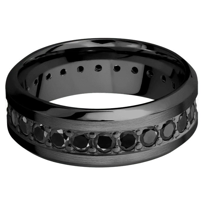 8mm wide High Bevel Black Zirconium Ring with Satin Finish / Eternity Round .07 carat Black Diamond Bead-Set Gemstones - Image 3