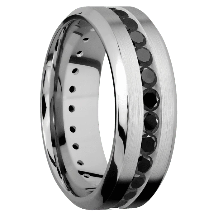8mm wide High Bevel Titanium Ring with Satin Finish / Eternity Round .07 carat Black Diamond Channel-Set Gemstones - Image 2