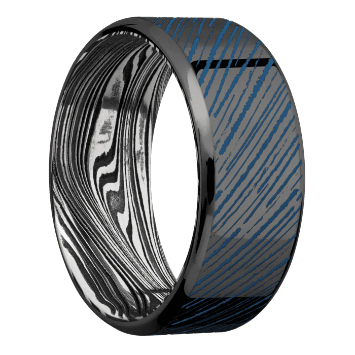 9mm wide Beveled Black Zirconium Ring with Polish Finish / Abstract Stripes 2 Design and Ridgeway Blue Cerakote Accents / Marble Damascus Steel Sleeve - Image 2