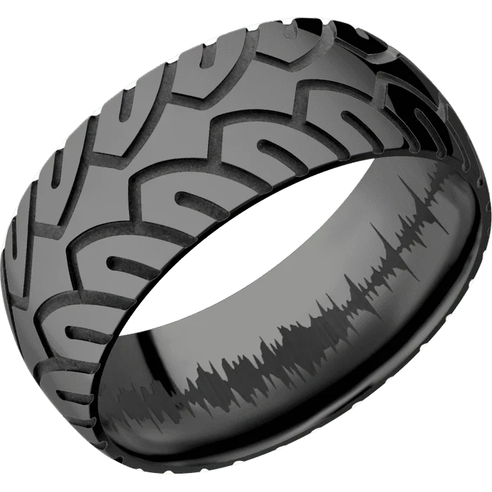 9mm wide Domed Black Titanium Ring with Polish Finish / Cycle Design / None Interior Pattern