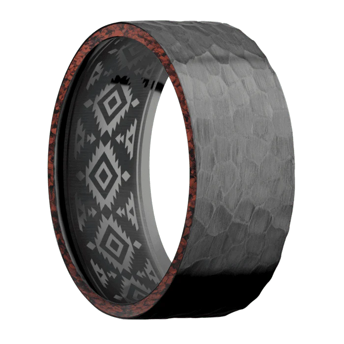 9mm wide Flat Black Titanium Ring with Hammer Finish / Two 1mm Side Red Dinosaur Bone Inlay / None Interior Pattern - Image 2