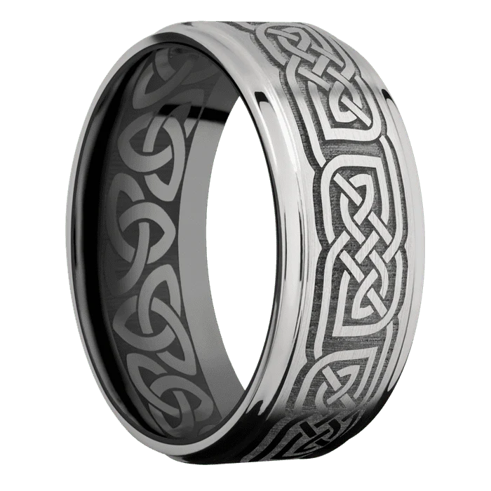 9mm wide Flat Grooved Edges 10k White Gold Ring with Satin Finish / Celtic 17 Design / Black Zirconium Sleeve / None Interior Pattern - Image 2