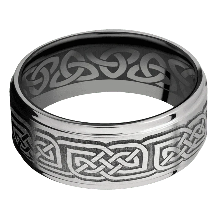 9mm wide Flat Grooved Edges 10k White Gold Ring with Satin Finish / Celtic 17 Design / Black Zirconium Sleeve / None Interior Pattern - Image 3