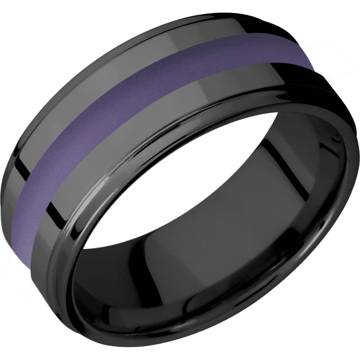 9mm wide Flat Grooved Edges Black Titanium Ring with Polish Finish / One 3mm Centered Bright Purple Cerakote Inlay