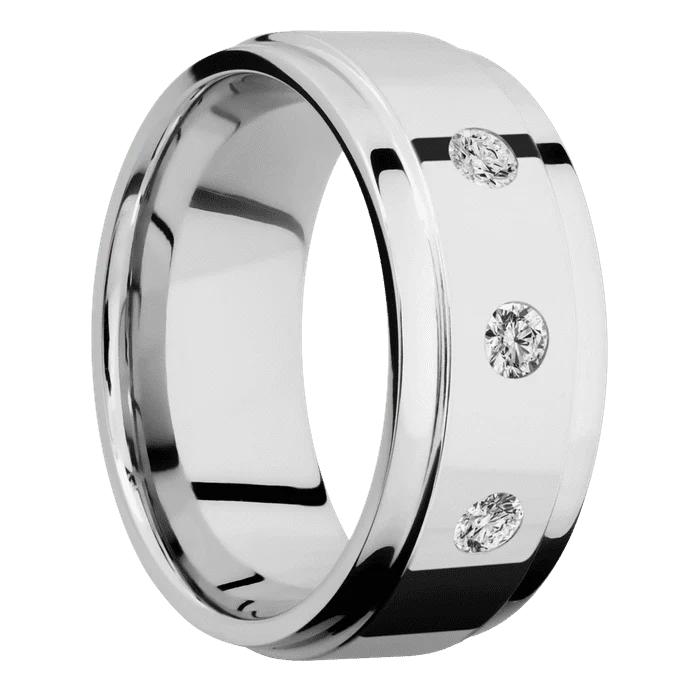 9mm wide Flat Wide Grooved Edges 14k White Gold Ring with Polish Finish / 3 Round .1 carat Standard Diamond Flush-Set Gemstones - Image 2