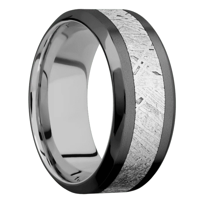 9mm wide High Bevel Black Titanium Ring with Bead Blast Finish / One 4mm Centered Meteorite Inlay / Titanium Sleeve - Image 2