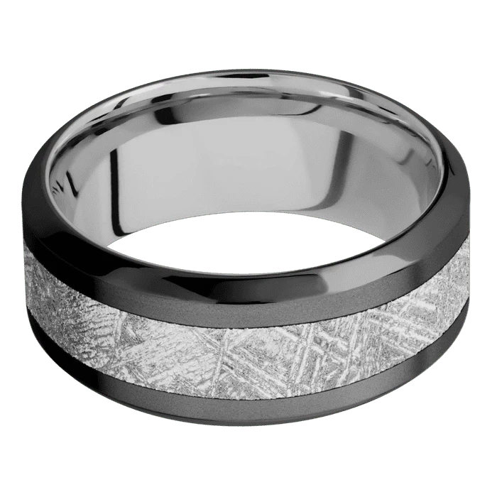 9mm wide High Bevel Black Titanium Ring with Bead Blast Finish / One 4mm Centered Meteorite Inlay / Titanium Sleeve - Image 3