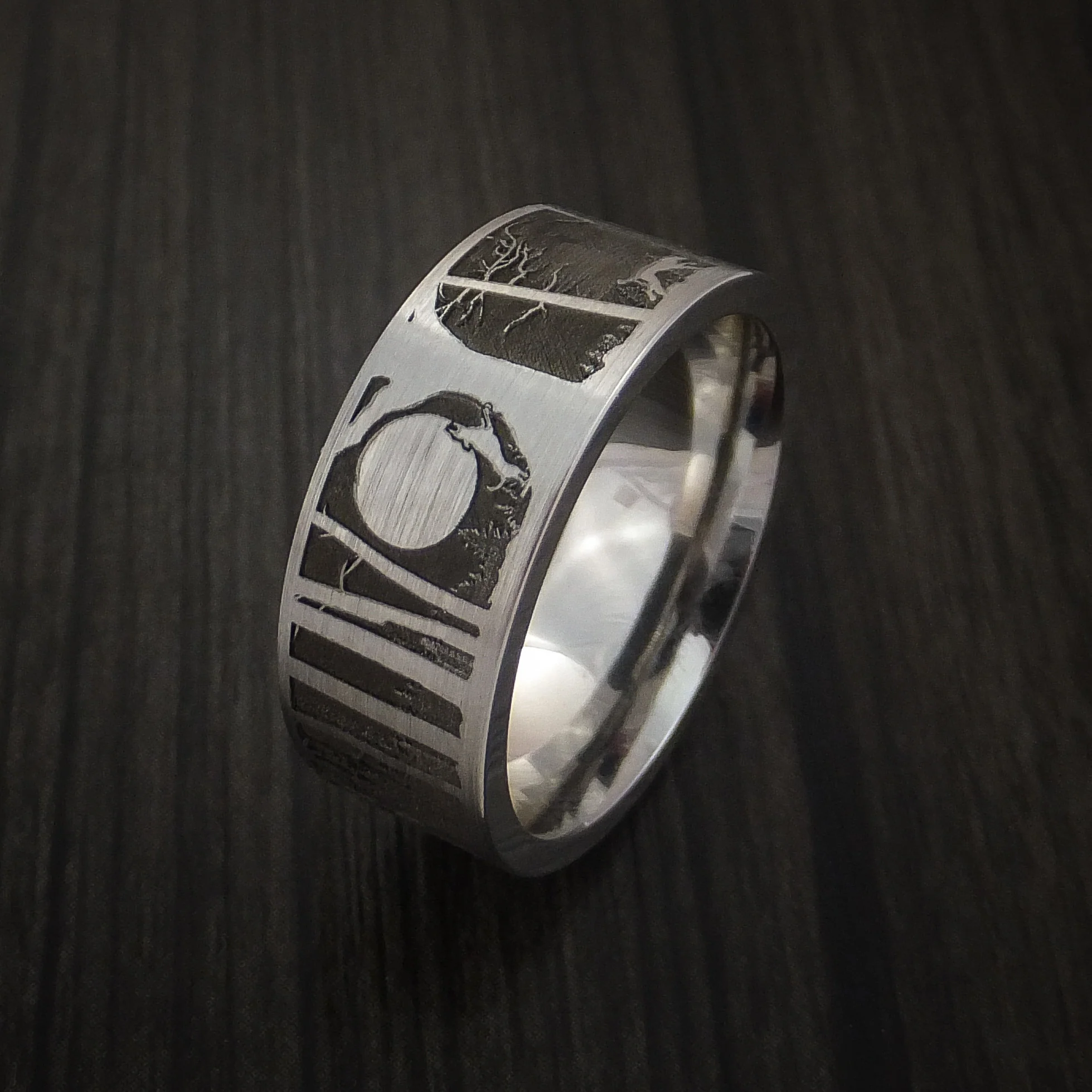 Bear and Dog in the Woods Hunter Wedding Men's Ring Cobalt Chrome Band - Image 2