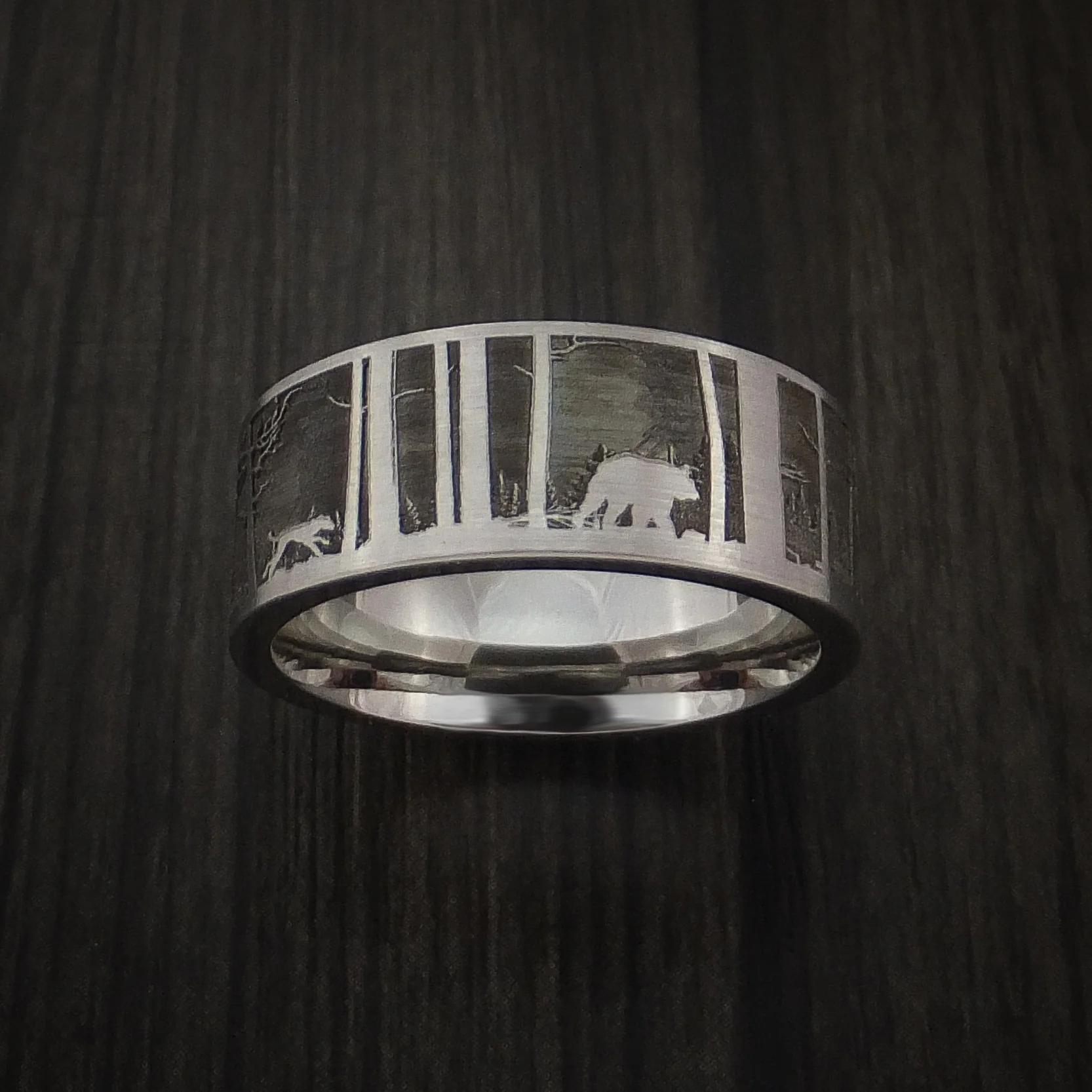 Bear and Dog in the Woods Hunter Wedding Men's Ring Cobalt Chrome Band - Image 6