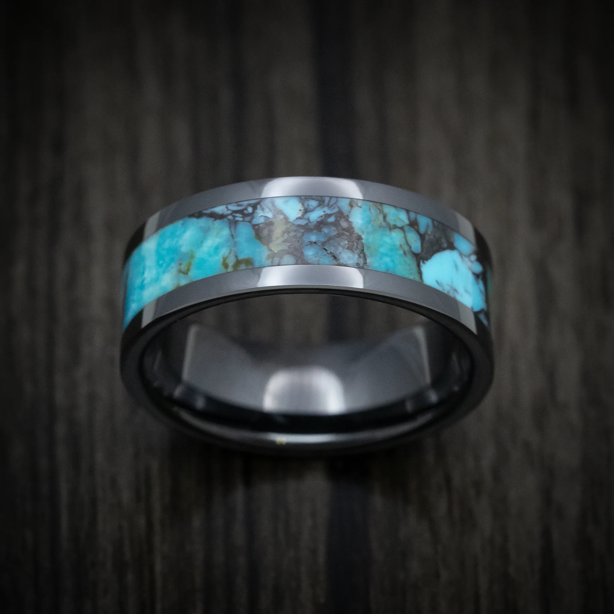 Black Ceramic Men's Ring with Turquoise Stone Inlay - Image 2