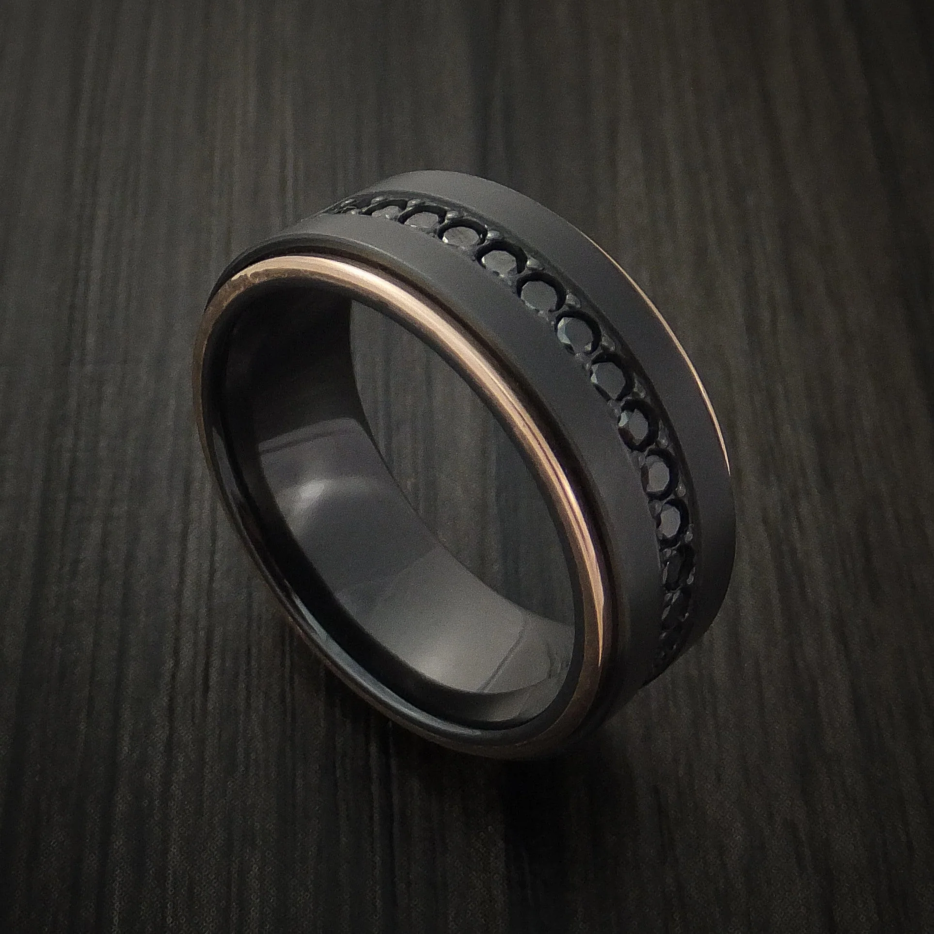 Black Titanium or Black Zirconium Custom Men's Ring with Black Diamonds and 14k Rose Gold Inlays