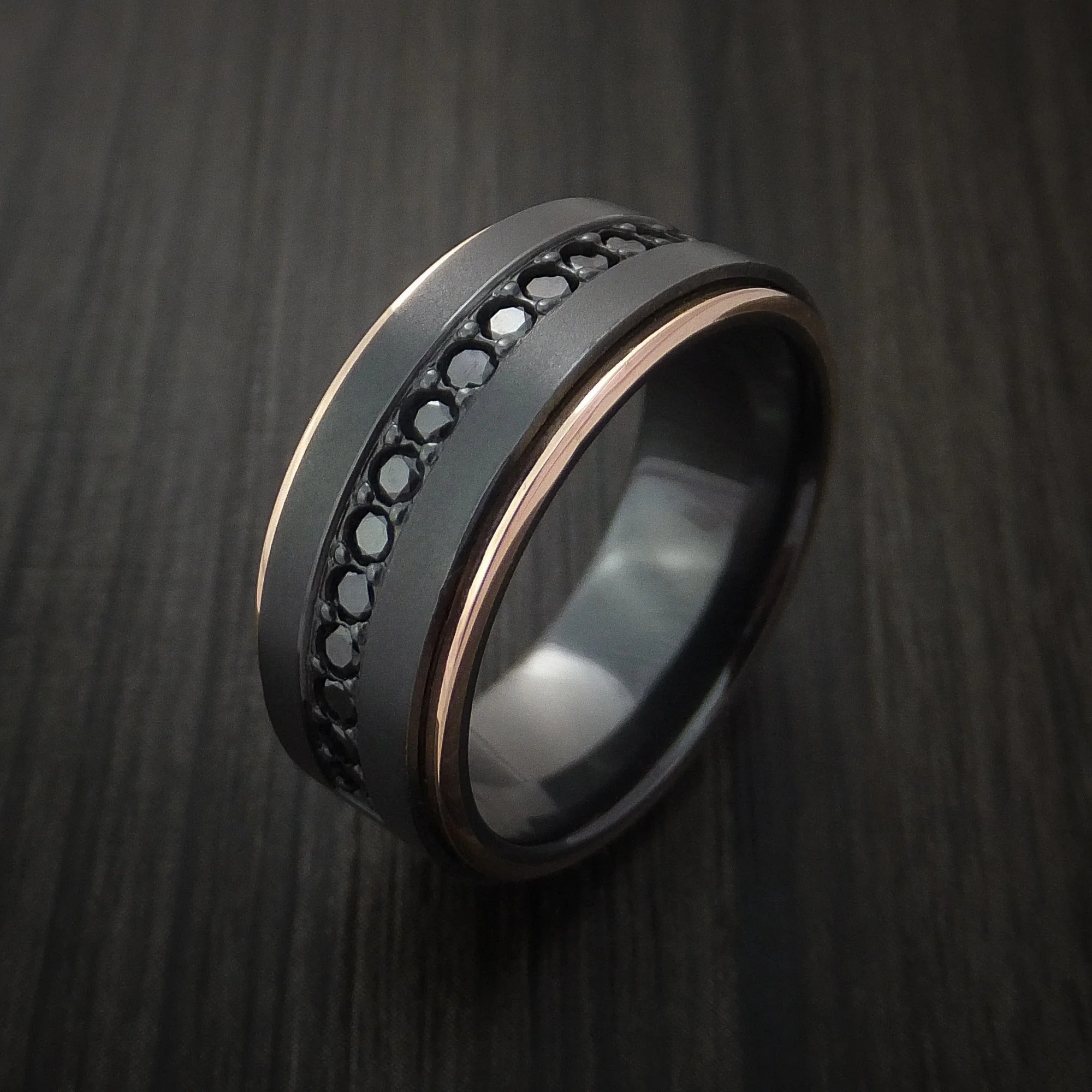 Black Titanium or Black Zirconium Custom Men's Ring with Black Diamonds and 14k Rose Gold Inlays - Image 3