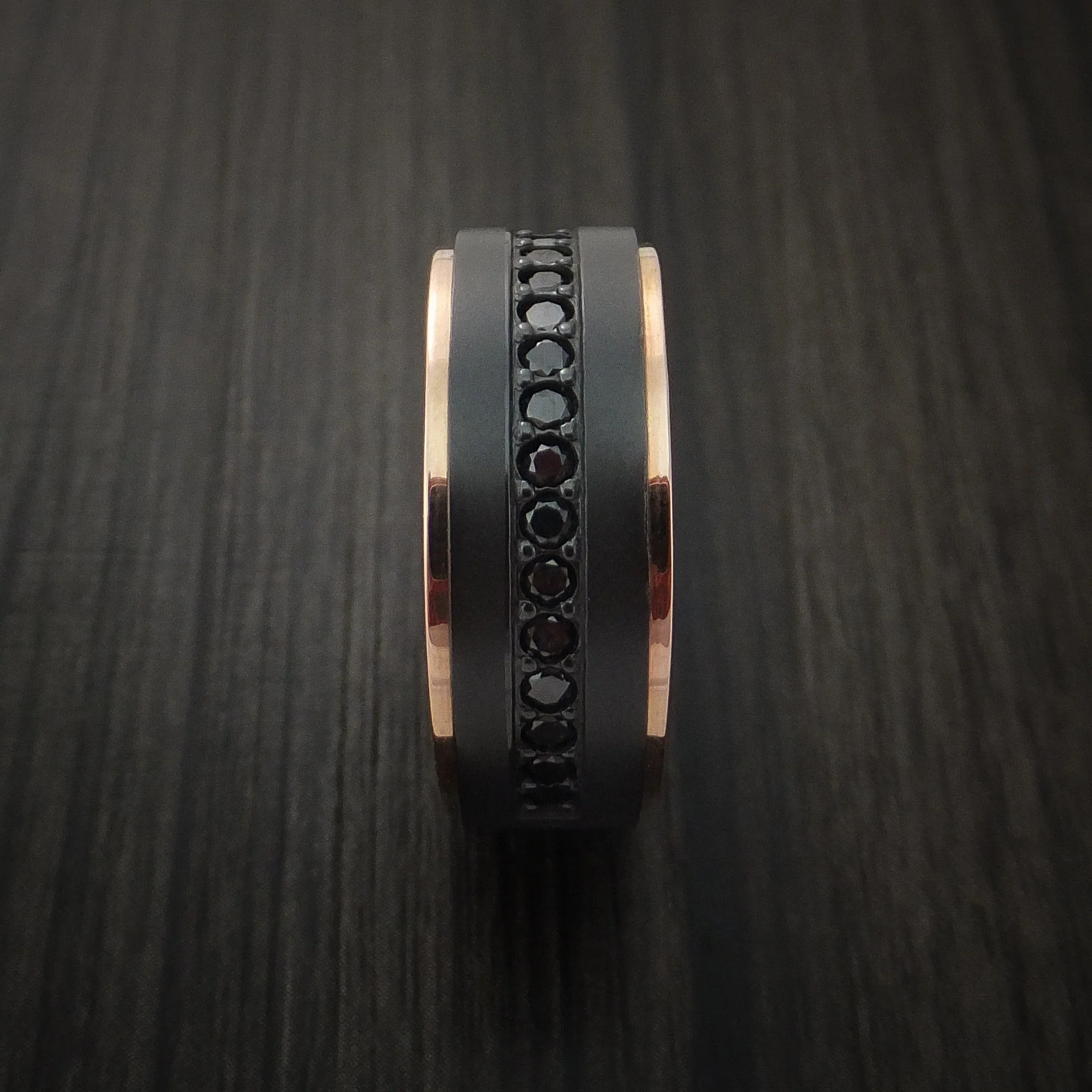 Black Titanium or Black Zirconium Custom Men's Ring with Black Diamonds and 14k Rose Gold Inlays - Image 4