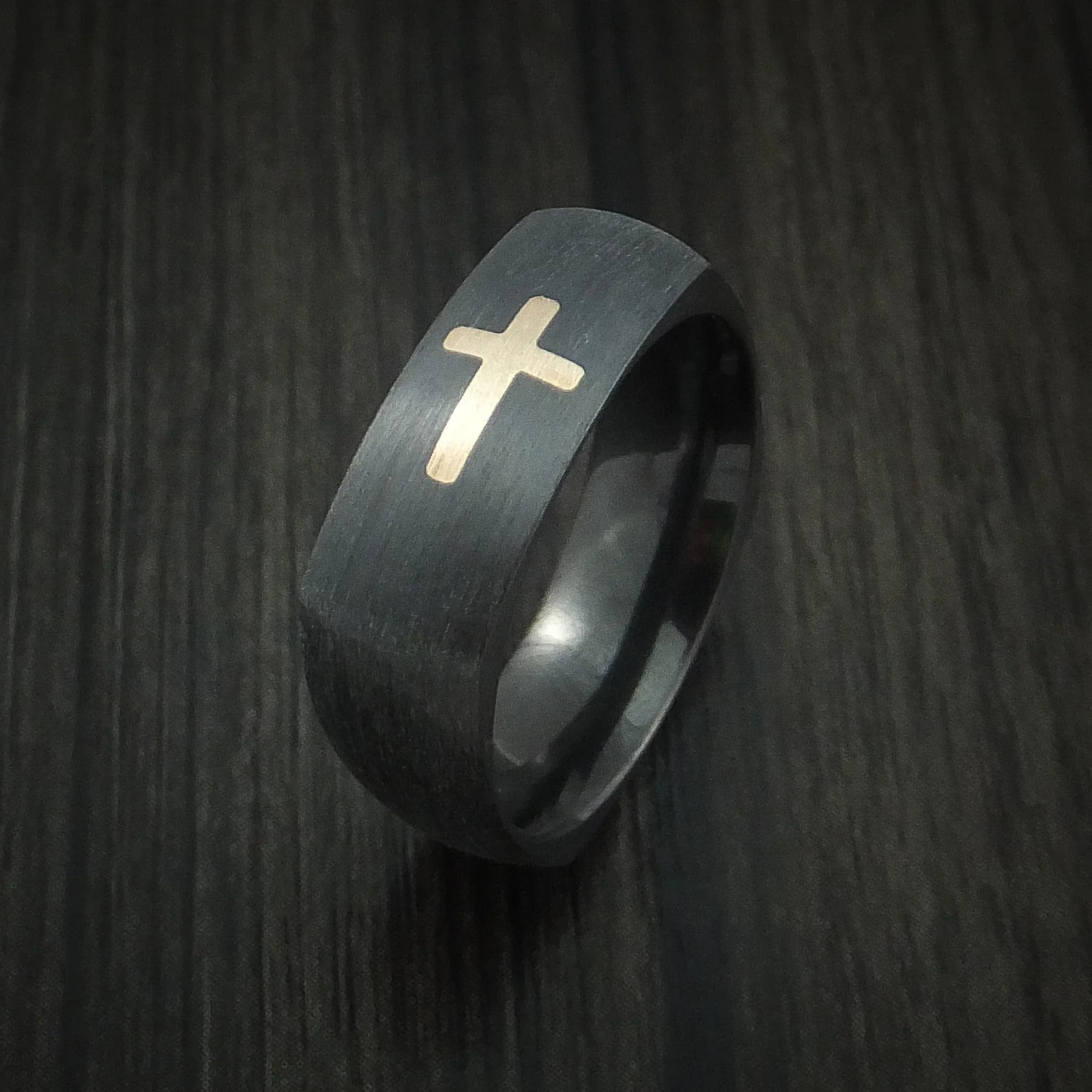 Square Black Titanium or Black Zirconium Custom Men's Ring with 14k Yellow Gold Cross - Image 3