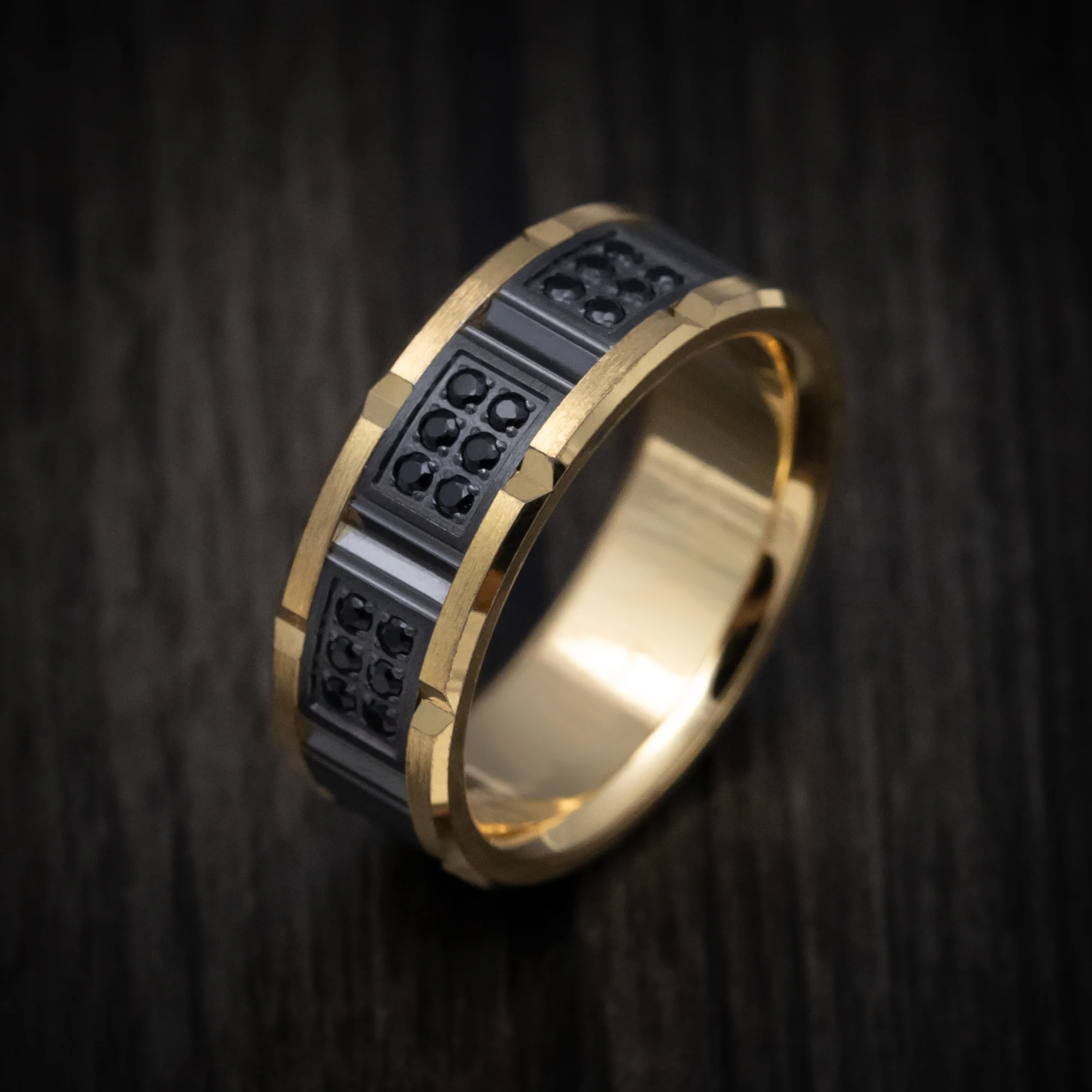 Black Titanium and 14K Yellow Gold Men's Ring with Black Diamonds - Image 3
