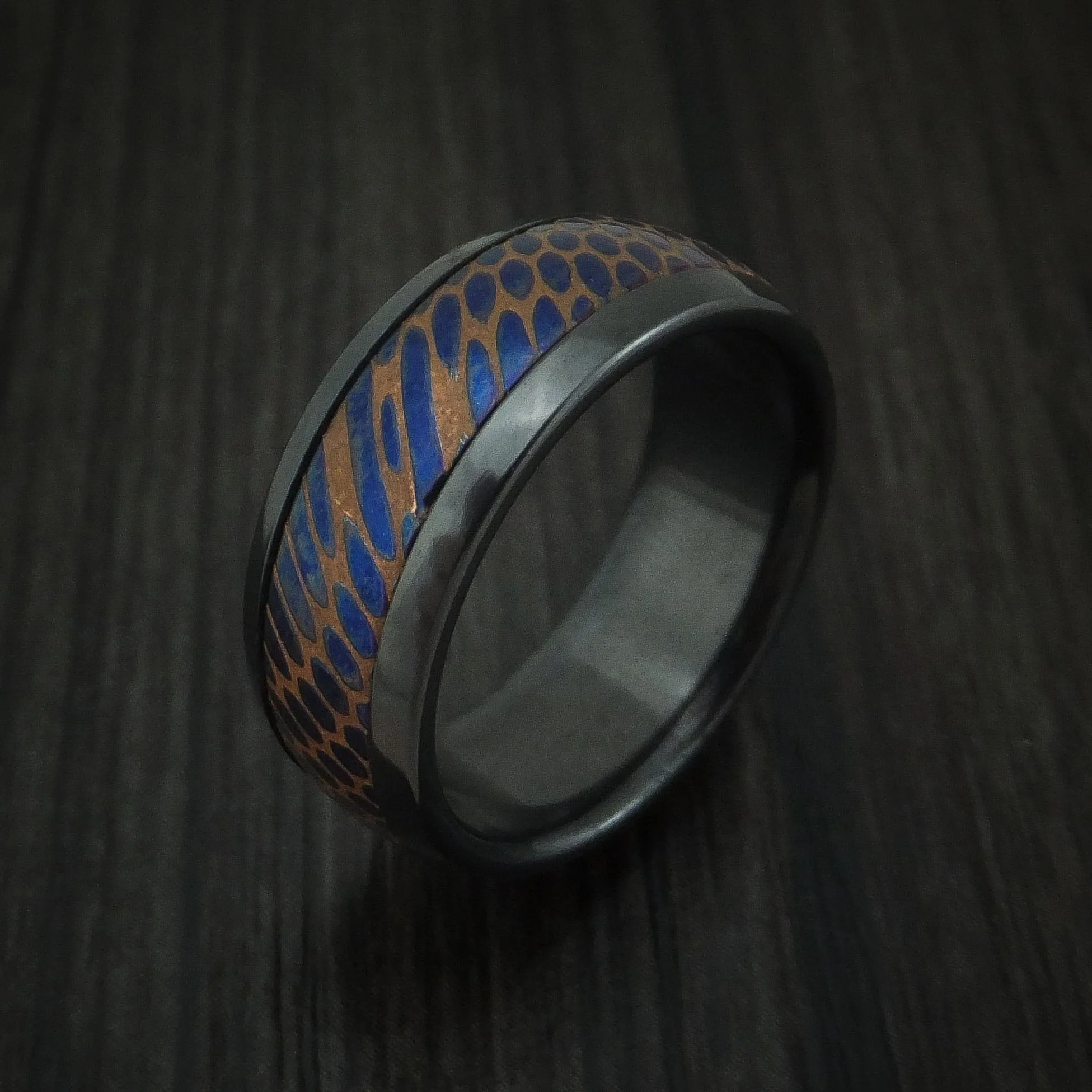 Black Titanium and Anodized Etched Superconductor Men's Ring Custom Made Titanium-Niobium and Copper Band - Image 4