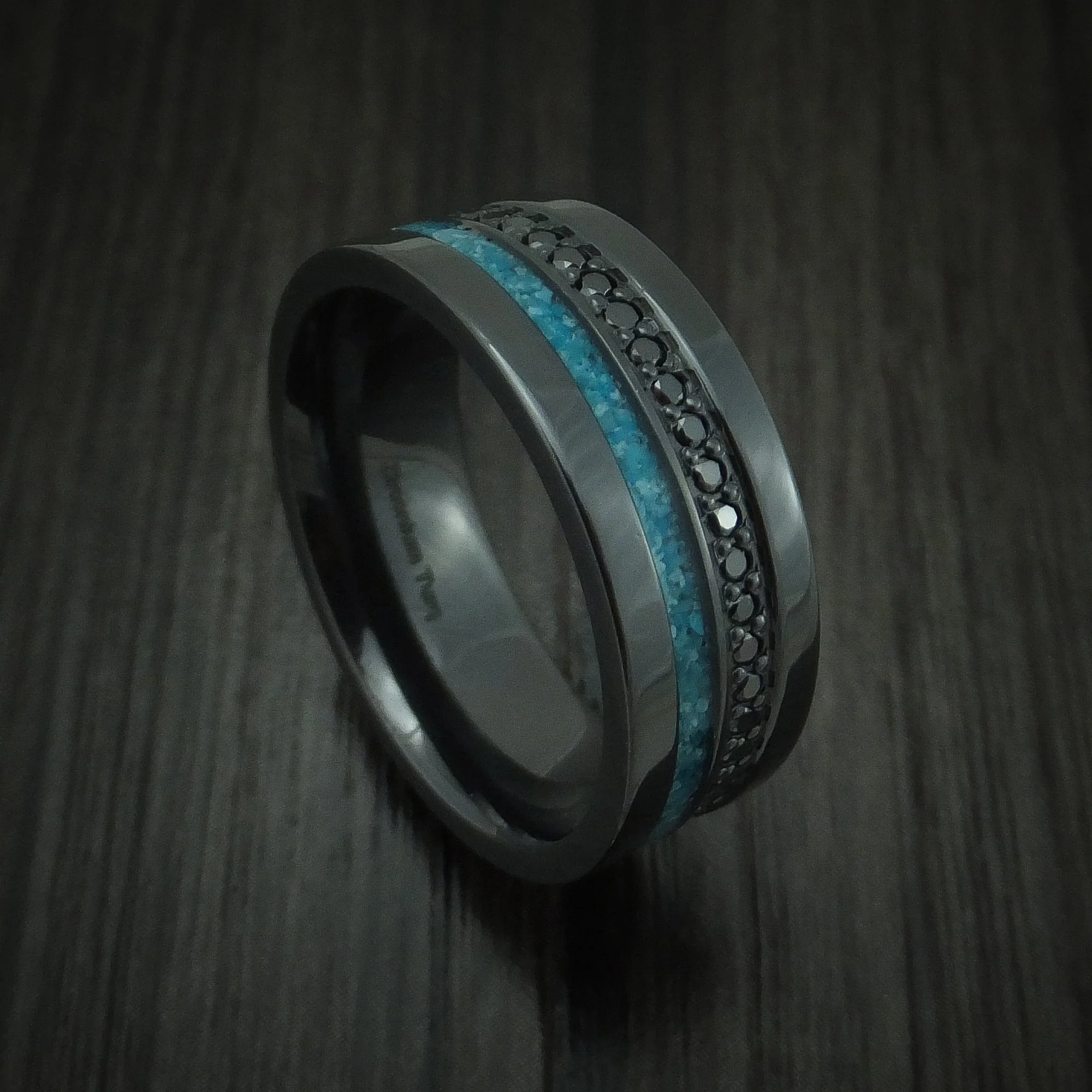 Black Titanium or Black Zirconium Custom Men's Ring with Black Diamonds an a Turquoise Inlay