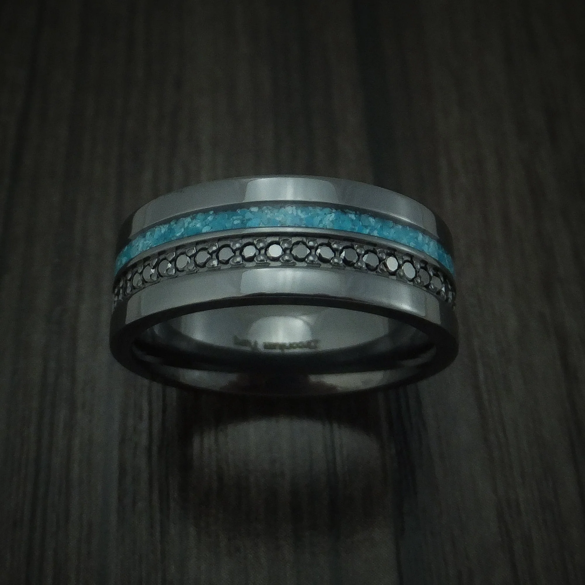 Black Titanium or Black Zirconium Custom Men's Ring with Black Diamonds an a Turquoise Inlay - Image 2