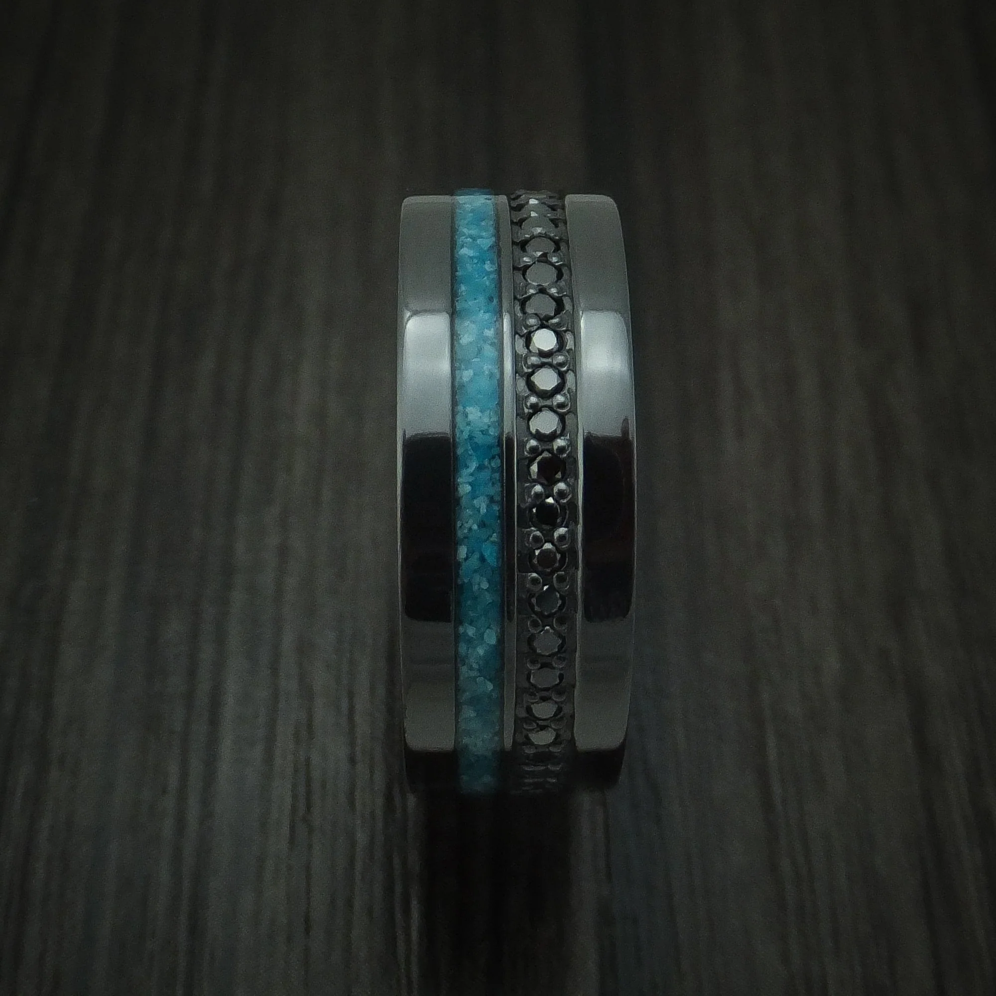 Black Titanium or Black Zirconium Custom Men's Ring with Black Diamonds an a Turquoise Inlay - Image 3