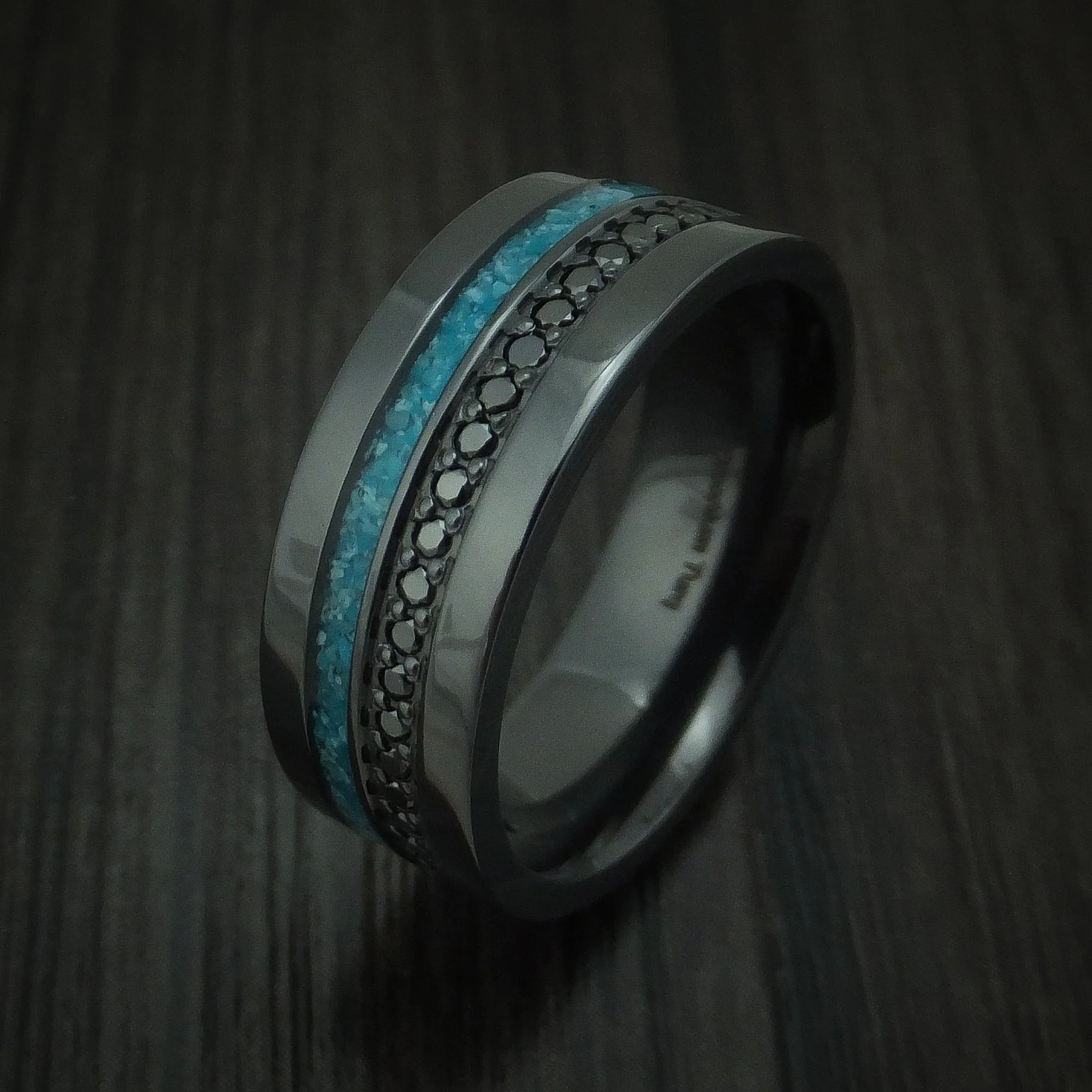 Black Titanium or Black Zirconium Custom Men's Ring with Black Diamonds an a Turquoise Inlay - Image 4