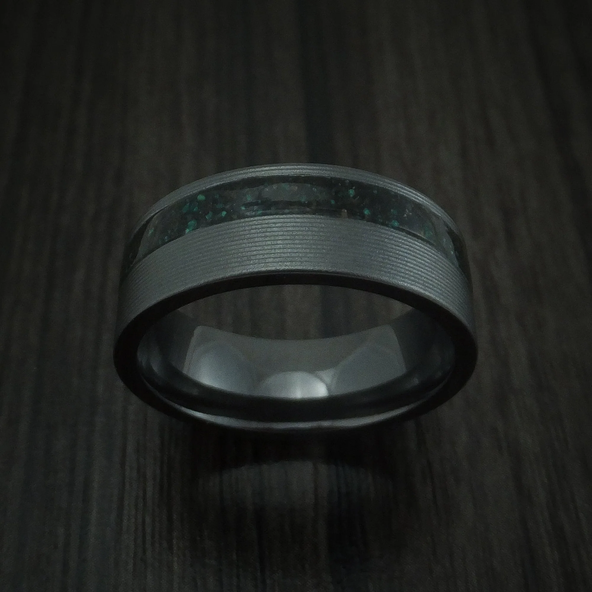 Black Titanium or Black Zirconium Custom Men's Ring with Black Dinosaur Bone and Malachite - Image 2