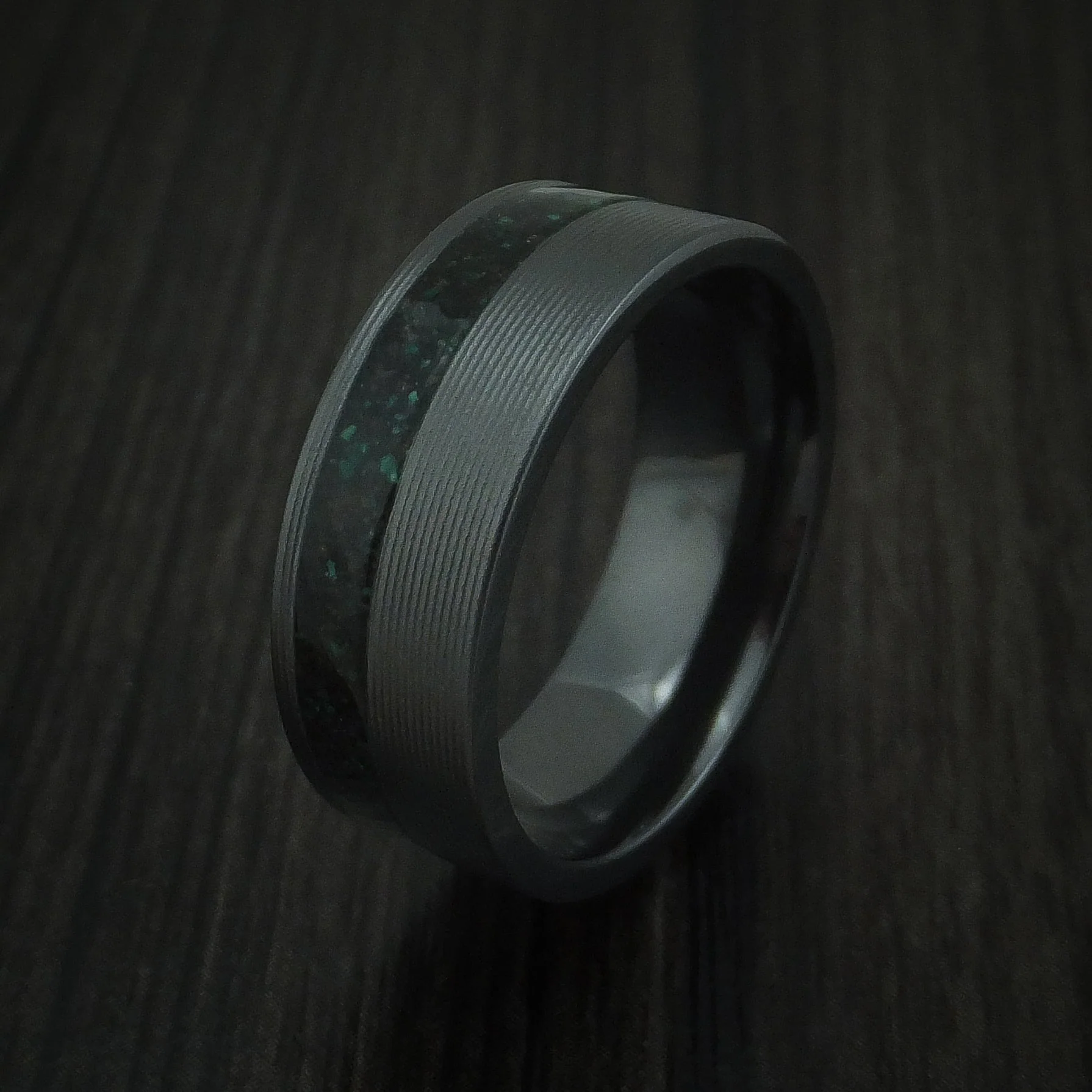 Black Titanium or Black Zirconium Custom Men's Ring with Black Dinosaur Bone and Malachite - Image 4