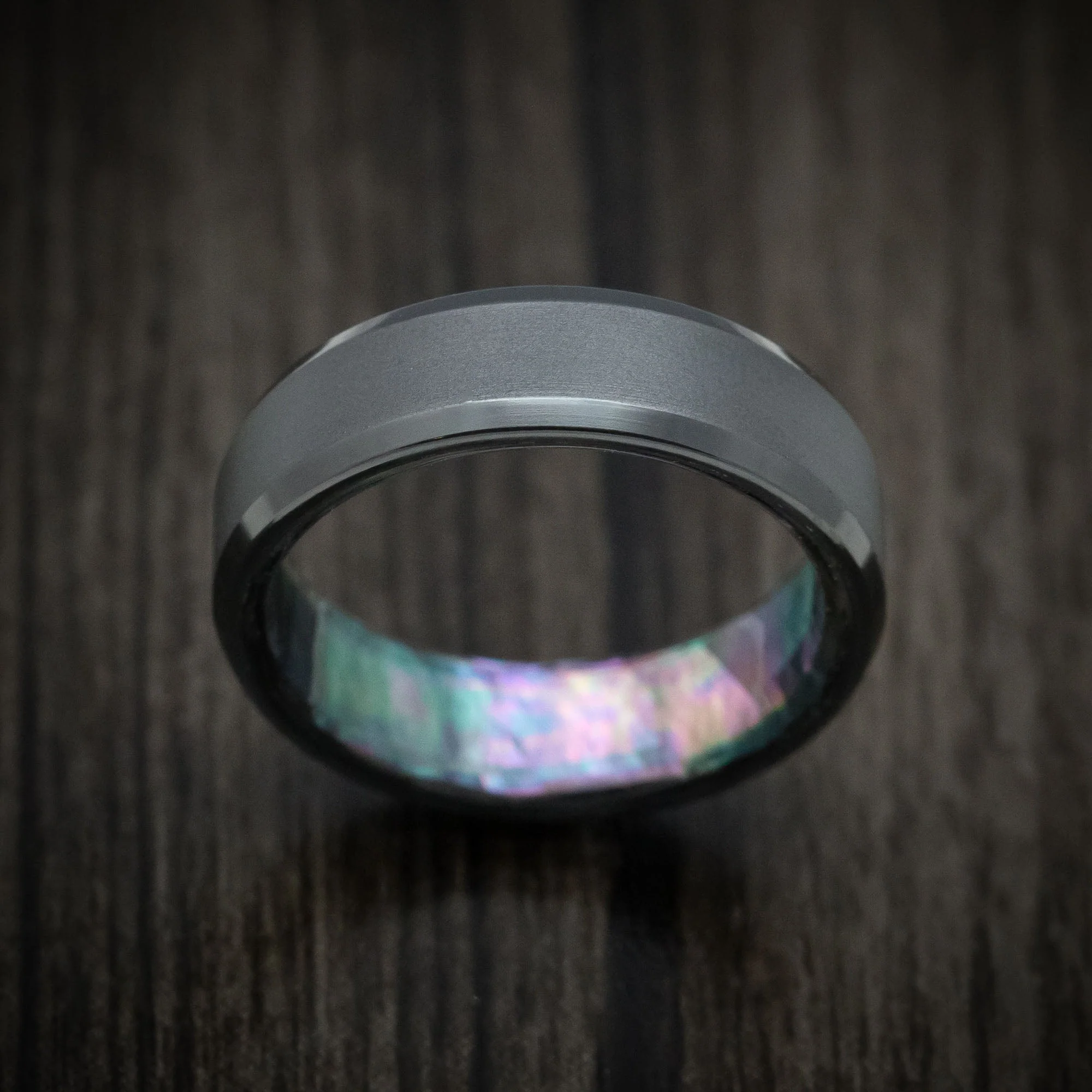 Black Titanium or Black Zirconium Custom Men's Ring with Black Mother of Pearl Sleeve - Image 2