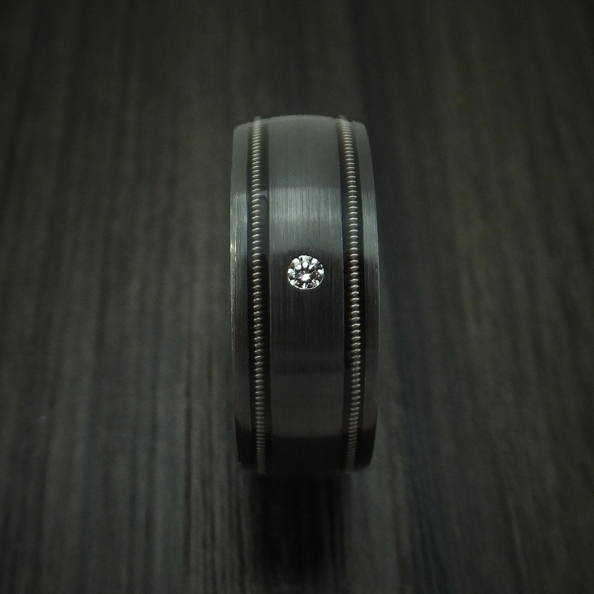 Black Titanium and Diamond Men's Ring with Guitar String Inlays Custom Made Band - Image 3